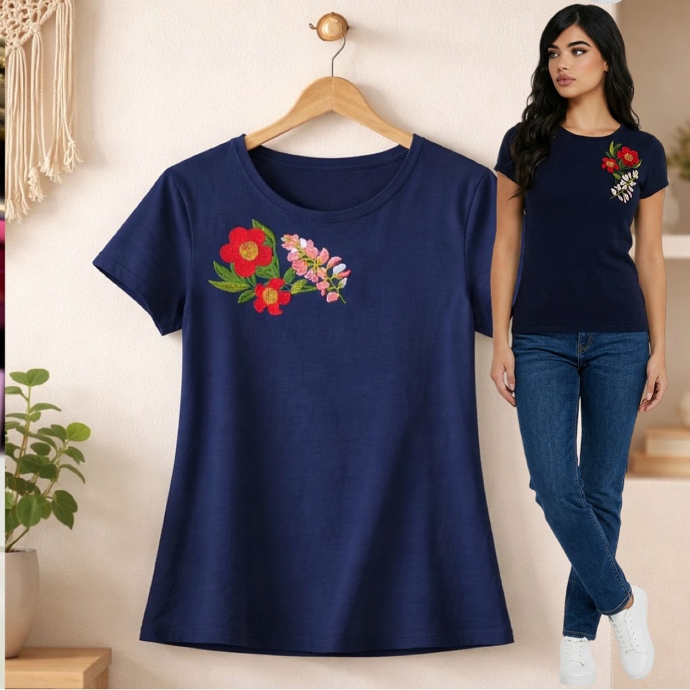 🛍️ TED BAKER Laylar Kirstenbosch Floral Embroidered Navy Blue Tshirt SIZE MEDIUM